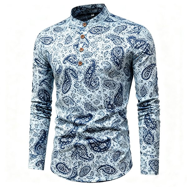 Men's Stand Collar Half-Open Shirt - Slim-Fit Linen-Cotton